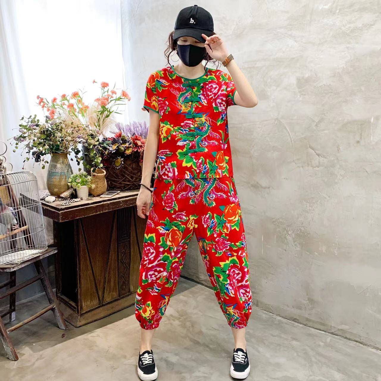 Northeast Dahuabu Vocal Panpot National Wind Set Tanguang Short Sleeve Harun Pants Plaza Dance Troupe Performing clothes