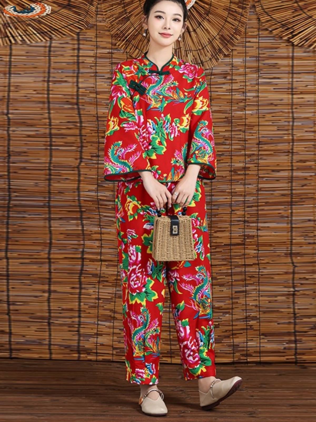 Northeast Dahua cloth spring and autumn set female Tang clothing carrot pants jacket casual national style two -piece set performance dance service