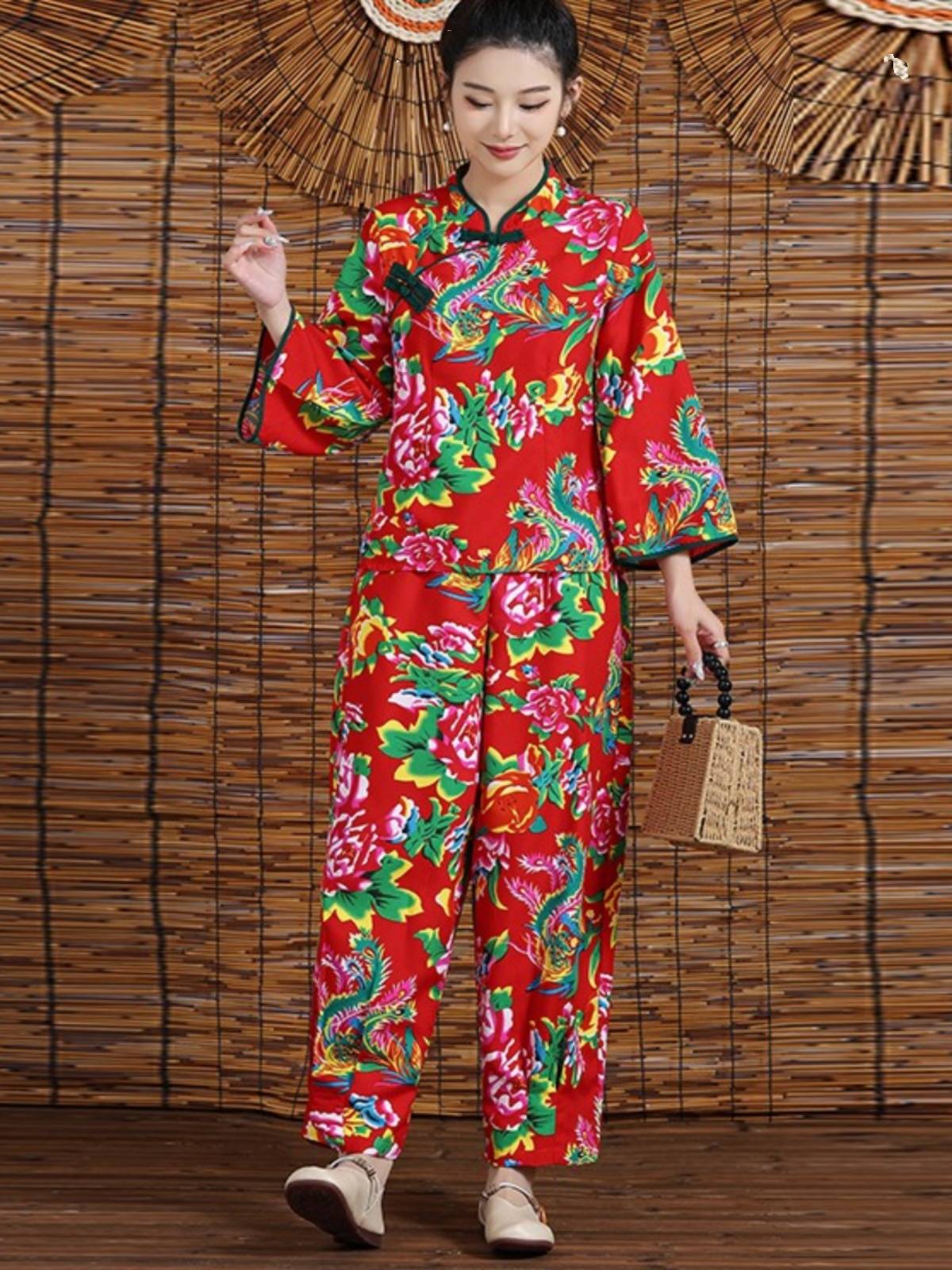 Northeast Dahua cloth spring and autumn set female Tang clothing carrot pants jacket casual national style two -piece set performance dance service
