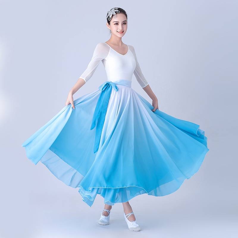 Classical Dance 720 chiffon skirt, a piece of sky blue gradient dance skirt, national square dance band skirt