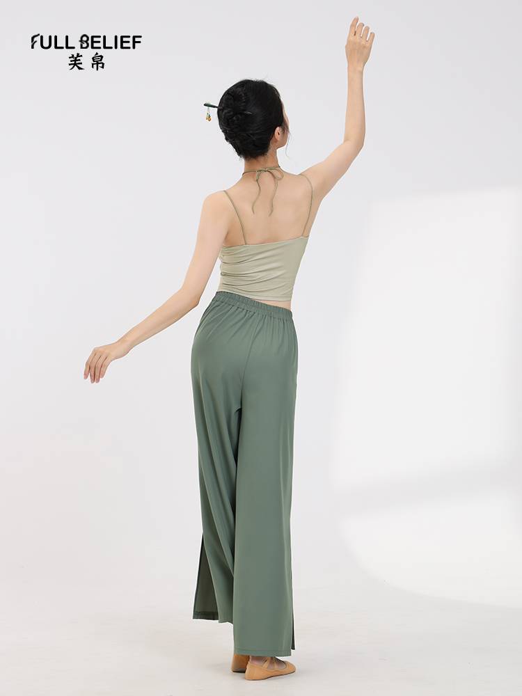 Fuxi Classical Dance Bamboo Leaf Printing Dance Pants Female Practice Gunnamed Chinese Dance Performance Clothing Wide Pants