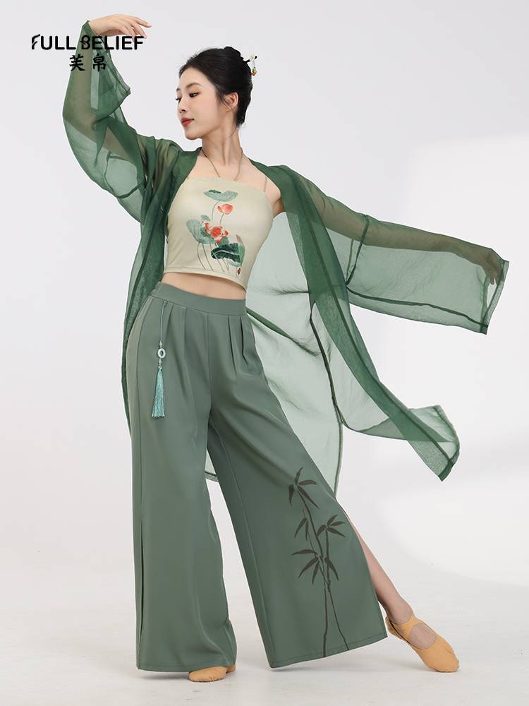 Fuxi Classical Dance Bamboo Leaf Printing Dance Pants Female Practice Gunnamed Chinese Dance Performance Clothing Wide Pants