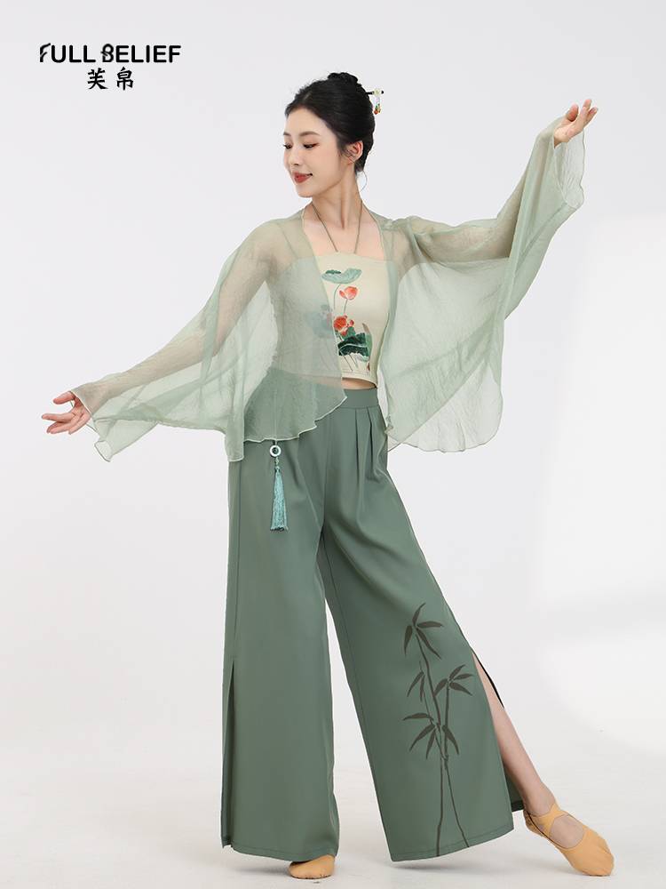 Fuxi Classical Dance Bamboo Leaf Printing Dance Pants Female Practice Gunnamed Chinese Dance Performance Clothing Wide Pants