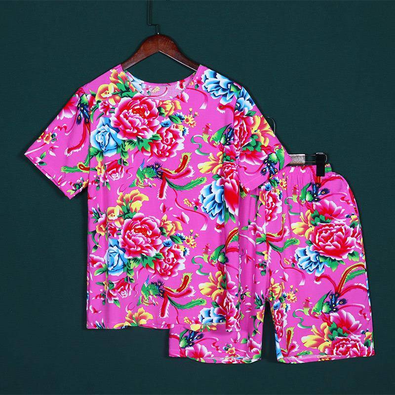 Northeast Dahua cloth clothes summer cotton, silk short -sleeved shorts national style performance stage installation net red artificial cotton suit