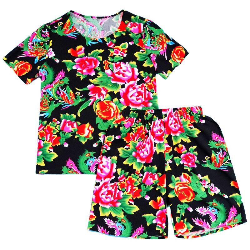 Northeast Dahua cloth clothes summer cotton, silk short -sleeved shorts national style performance stage installation net red artificial cotton suit