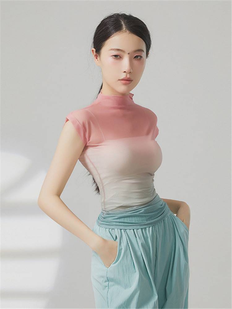 2024 new high -necked sleeveless gradient classical dance clothing practice clothes net gauze clothes top female adult summer