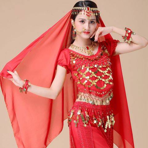 The scarf headwear ethnic dance Indian dance chipping head chain with the veil belly dance red beads performed Yangge dance