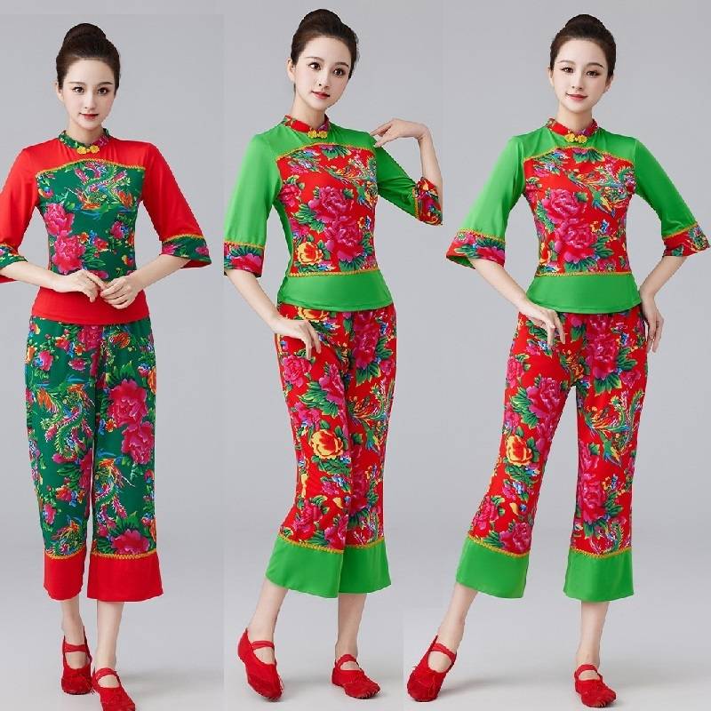 Plaza dance clothing ethnic new female team fitness floral floral Yangge shows performed dance stage suits