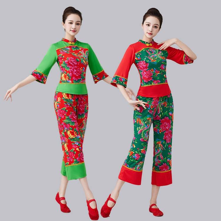 Plaza dance clothing ethnic new female team fitness floral floral Yangge shows performed dance stage suits