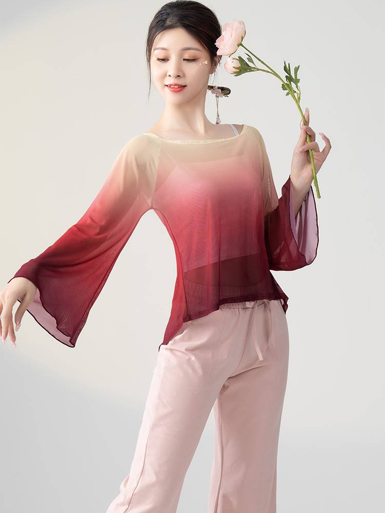 Classical dance clothing female elegant yarn clothes body rhyme, fairy top Chinese style modern dance loose net gauze long sleeves