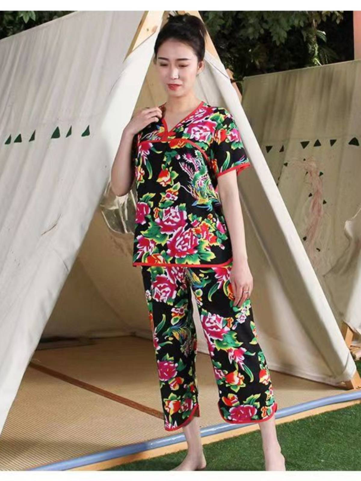 Summer lady pajamas set northeast Dahua cotton and silk home service national style short sleeve performance air conditioner service outside wearing