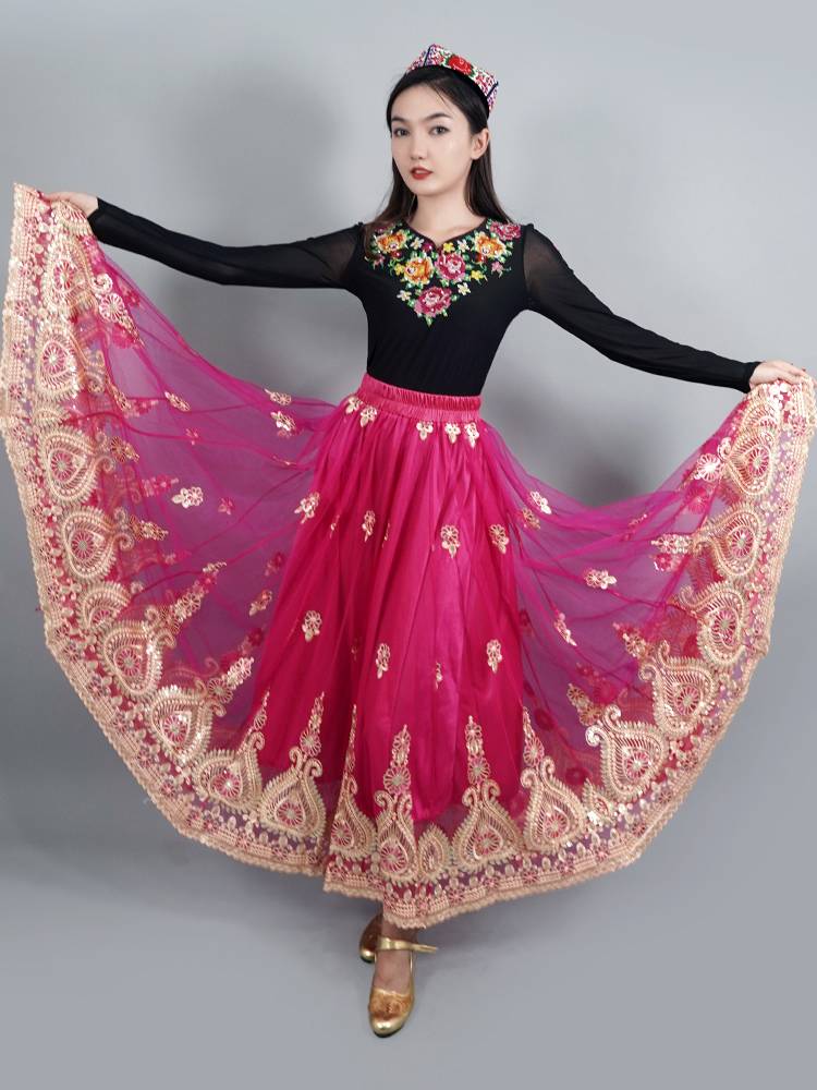 Xinjiang Dance Performance Server Uyghur Symnomies Embroidered Box Skirt Women's National Clothing Daisian Permanent Dance Skirt