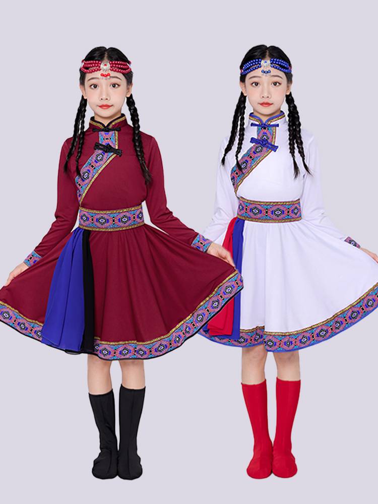Children's Mongolian clothing clan chopsticks white horse dance performance service top bowl dance national dance service Mongolian robe big skirt