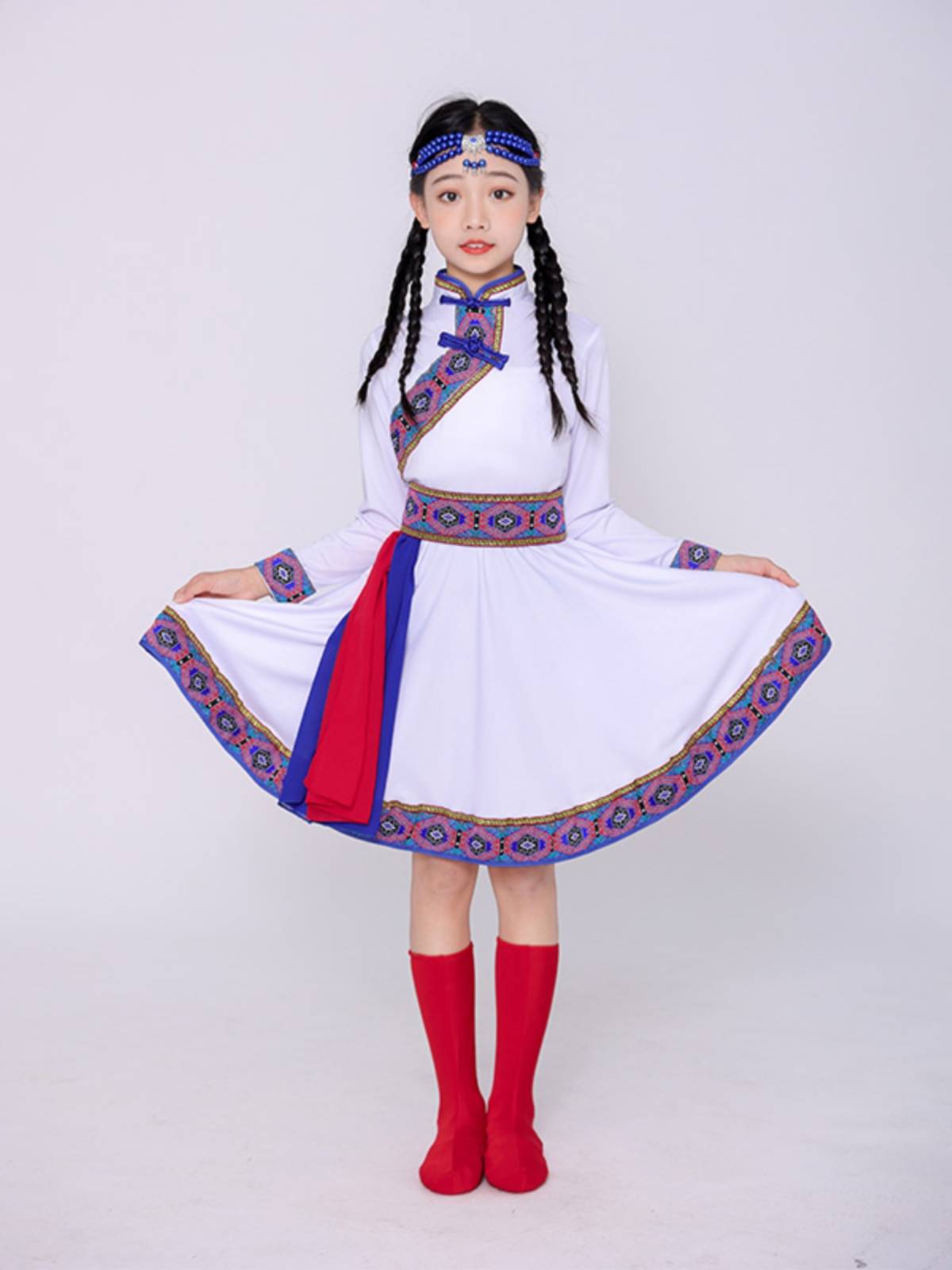 Children's Mongolian clothing clan chopsticks white horse dance performance service top bowl dance national dance service Mongolian robe big skirt