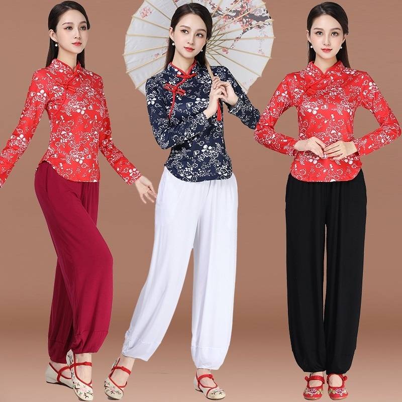 New spring and summer national style girl long sleeves standing flowers Yangge clothing trousers dance clothing sports suit