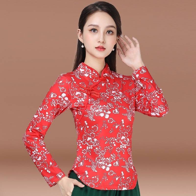 New spring and summer national style girl long sleeves standing flowers Yangge clothing trousers dance clothing sports suit