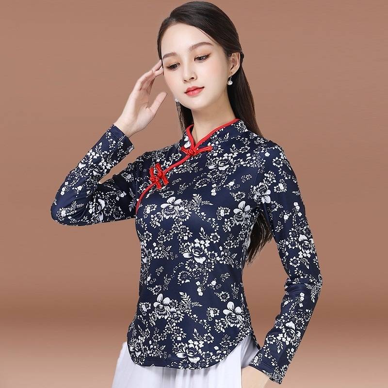 New spring and summer national style girl long sleeves standing flowers Yangge clothing trousers dance clothing sports suit