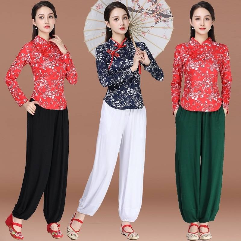 New spring and summer national style girl long sleeves standing flowers Yangge clothing trousers dance clothing sports suit