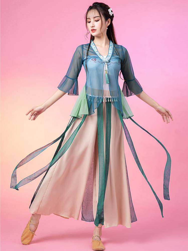 Classical dance clothing female elegant net gauze short top new summer practice service Chinese style dance watch performance set