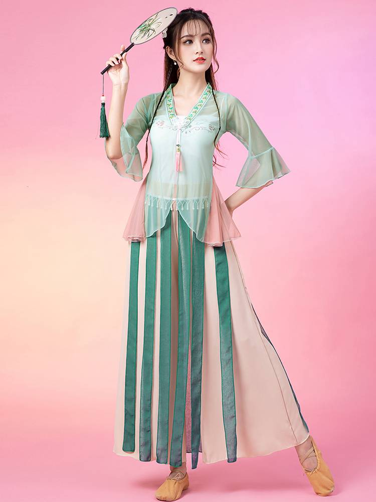 Classical dance clothing female elegant net gauze short top new summer practice service Chinese style dance watch performance set