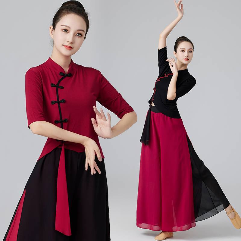 National Clothing New Guofeng Mid -sleeve Dance Square Dance Classical Dance Chiffon Dance Clothing Retro Cheongsam Set Women's Summer