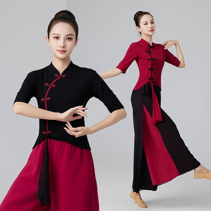 National Clothing New Guofeng Mid -sleeve Dance Square Dance Classical Dance Chiffon Dance Clothing Retro Cheongsam Set Women's Summer