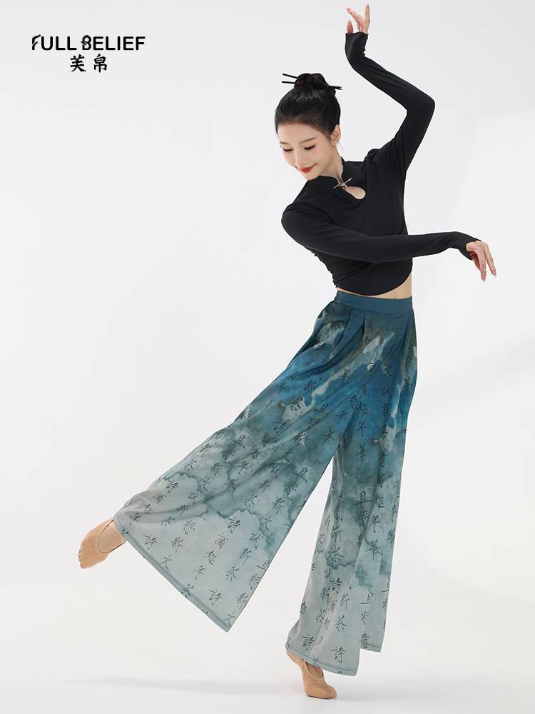 Fuxi Classical Dance Clothing Chinese State Style Printing Pants Chinese Wind Performance Server Loose wide -leg Pants Practice Service