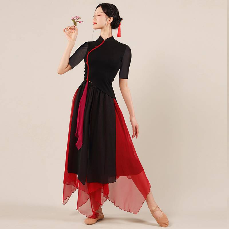 New classical dance dance clothing female black modern dance body rhymes, Chinese style cheongsam short -sleeved top