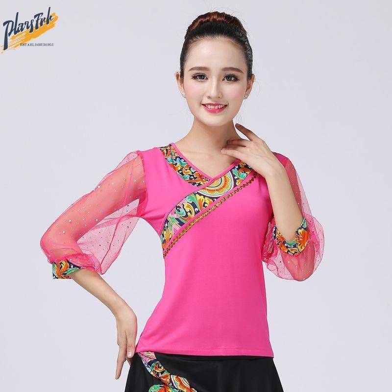 Plaza dance top female Modal mid -sleeved dancing clothing middle -aged and elderly national style dance service waist drum team performance service