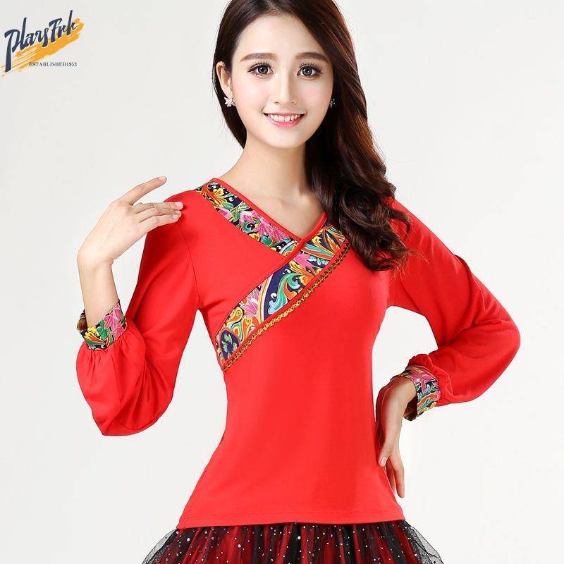 Plaza dance top female Modal mid -sleeved dancing clothing middle -aged and elderly national style dance service waist drum team performance service