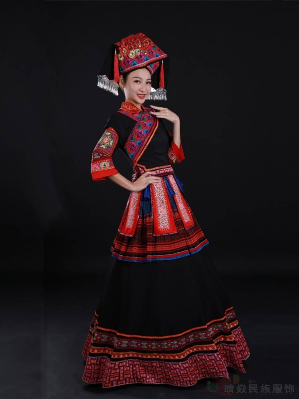 Qingye's new Zhuang national costume black embroidered long skirt women's clothing stage performance suit