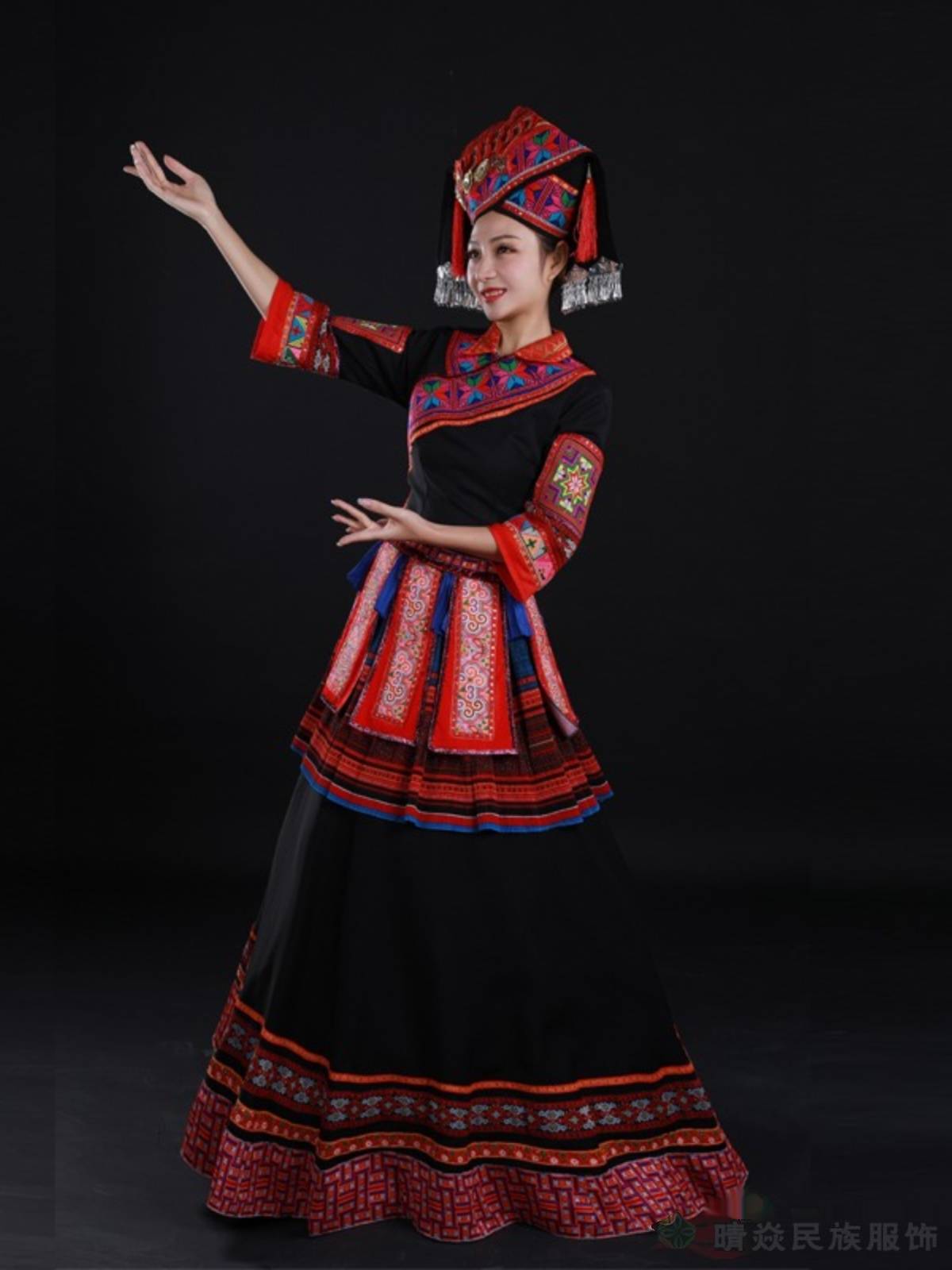 Qingye's new Zhuang national costume black embroidered long skirt women's clothing stage performance suit
