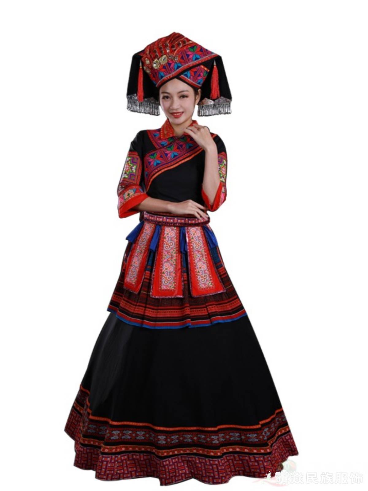 Qingye's new Zhuang national costume black embroidered long skirt women's clothing stage performance suit