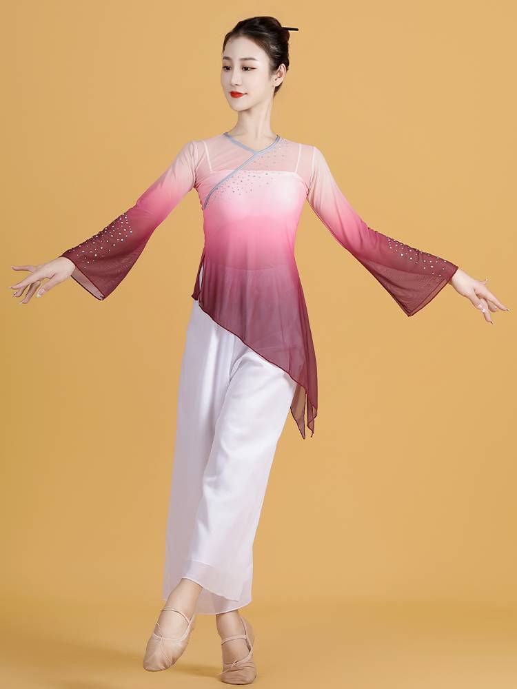 Classical dance clothing practice suit Gradient gauze female Chinese style practice clothes body rhyme dance gauze shape top