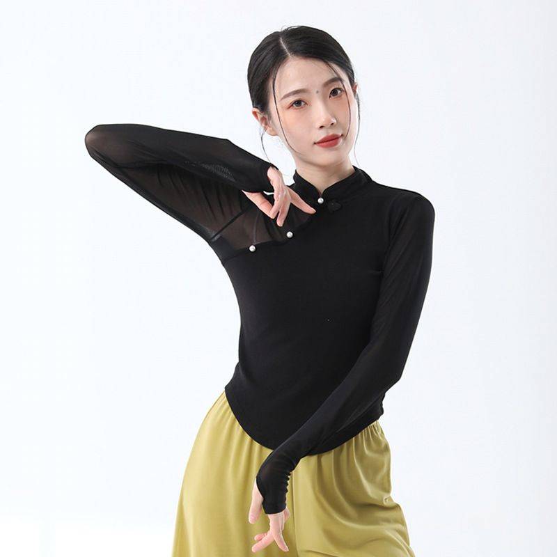 Classical dance clothing retro gum stitching gauze sleeves cheongsam leader thin top national style daily training dance clothing