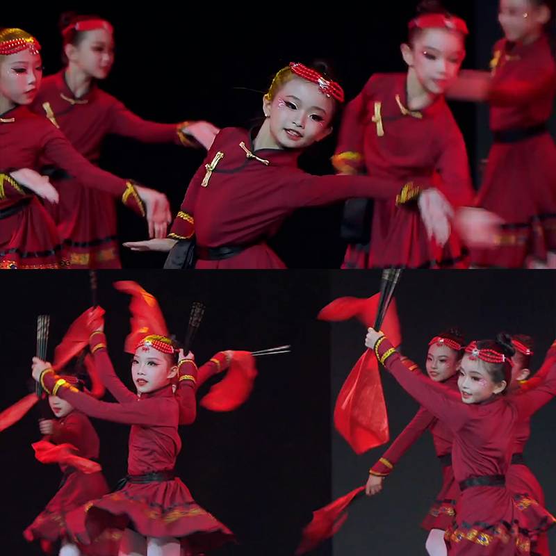 New Year's Day children's performances, men and women, children, minority, minority clothes, skirts decorated with Mongolian white horse grassland chopsticks dance