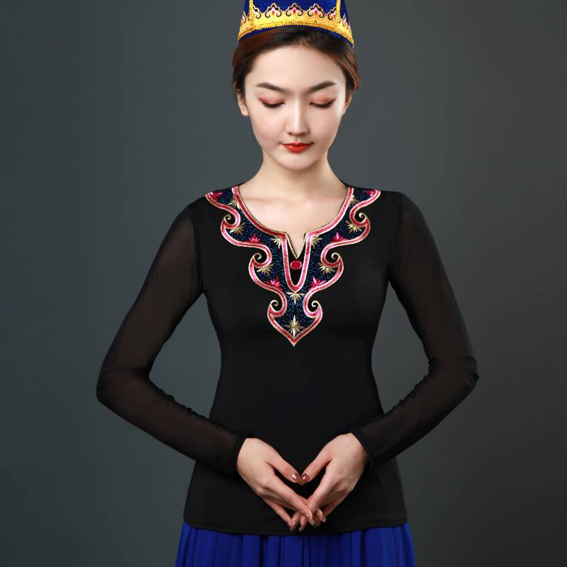 New our dance performances, clothing Xinjiang dance top clothes to repair national dance exercise, long -sleeved Mongolian dance service