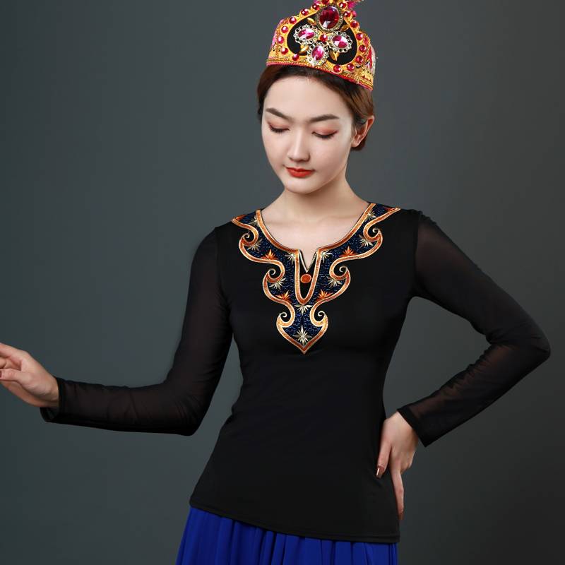 New our dance performances, clothing Xinjiang dance top clothes to repair national dance exercise, long -sleeved Mongolian dance service