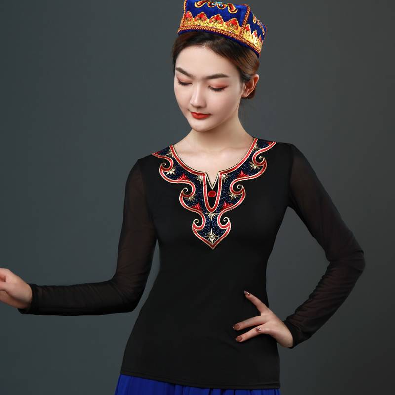 New our dance performances, clothing Xinjiang dance top clothes to repair national dance exercise, long -sleeved Mongolian dance service