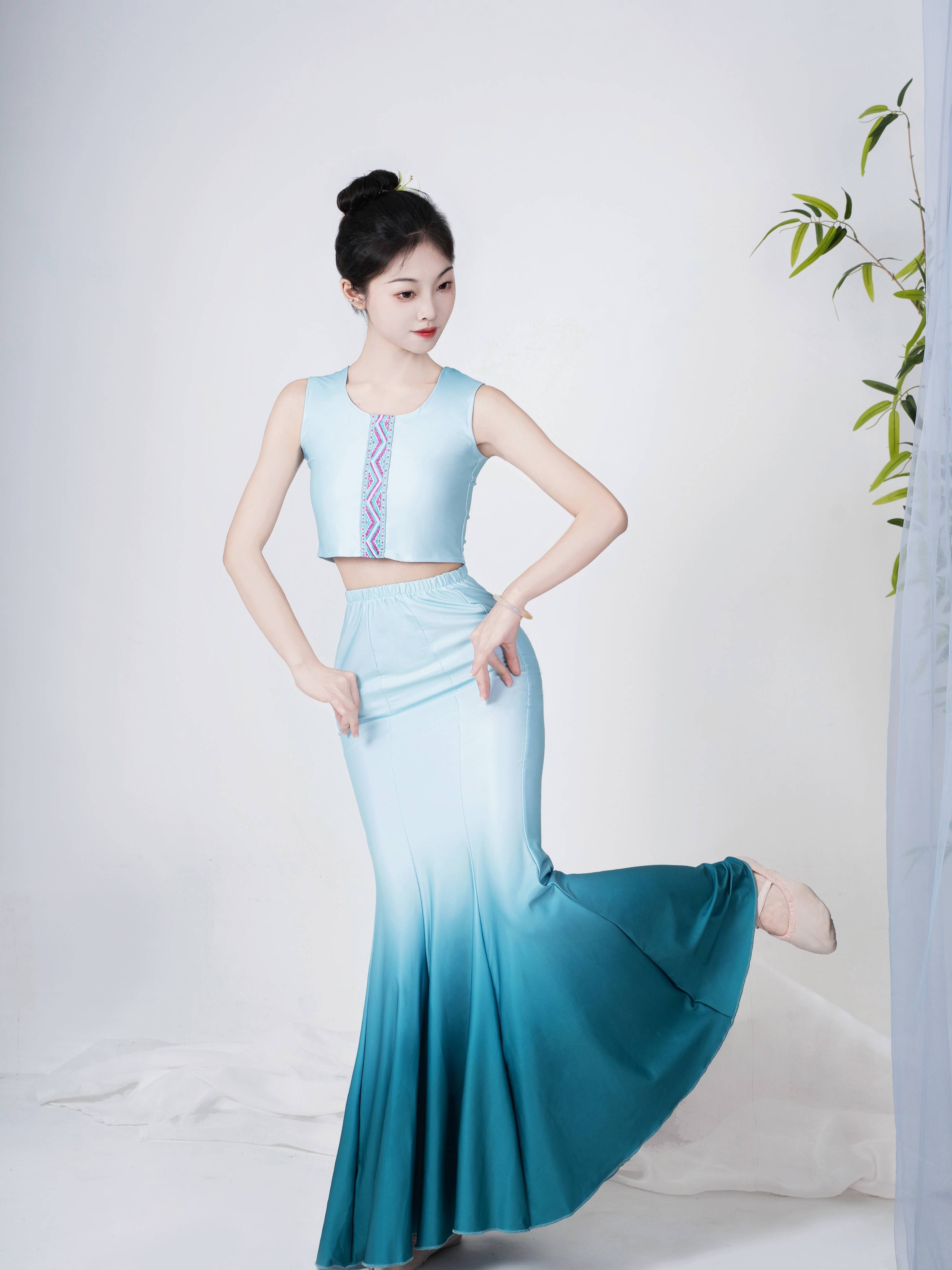 The new Dai dance performance service female art test clothing performance show peacock dance skirt practice skirt fishtail skirt