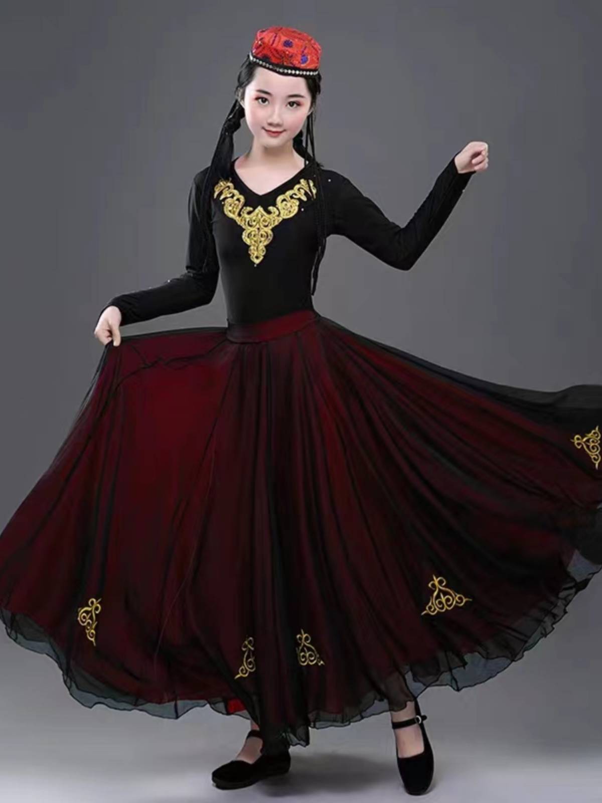 The new Xinjiang dance clothing large skirt national costume women's art test half -body long practice skirt Uighurs performance service