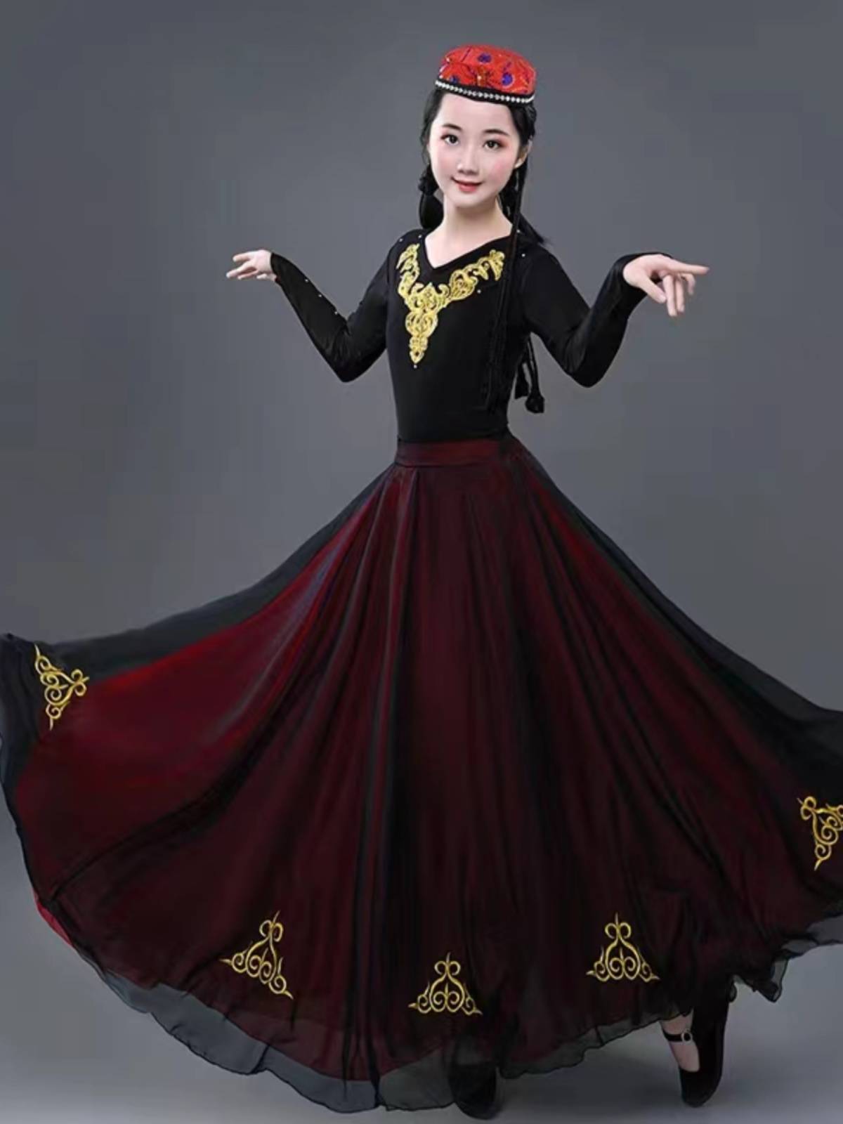 The new Xinjiang dance clothing large skirt national costume women's art test half -body long practice skirt Uighurs performance service