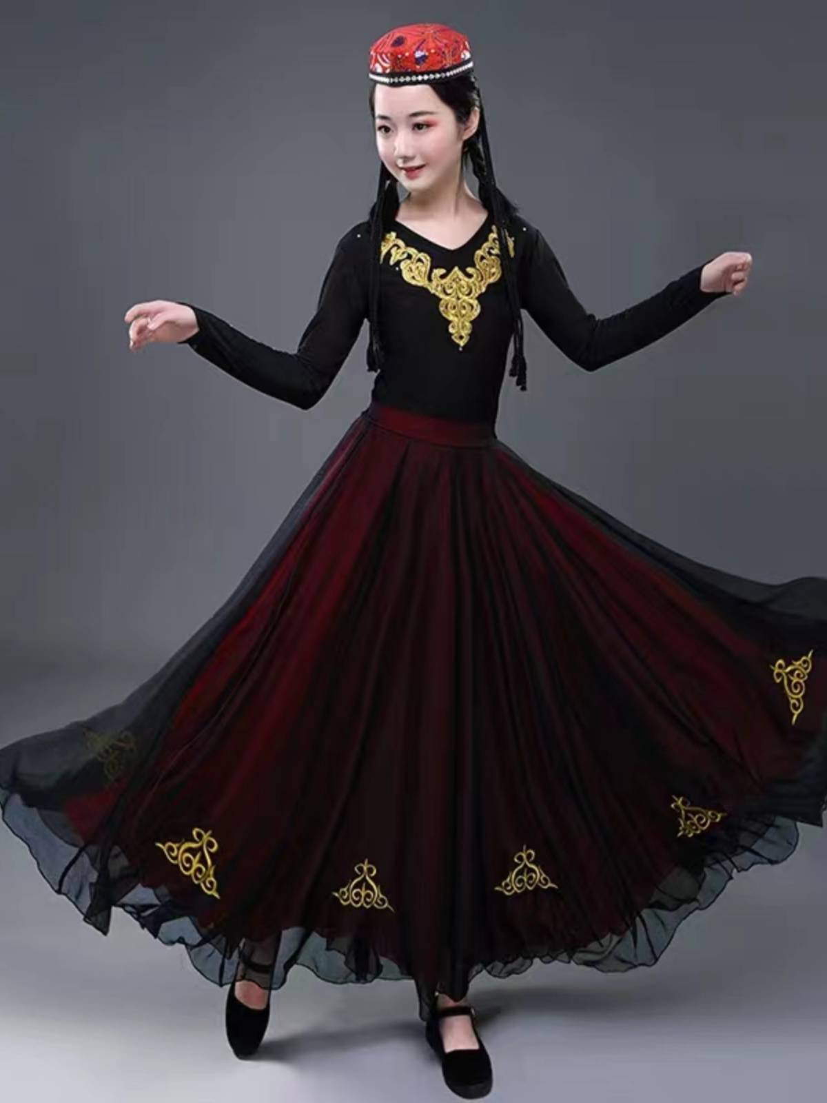 The new Xinjiang dance clothing large skirt national costume women's art test half -body long practice skirt Uighurs performance service