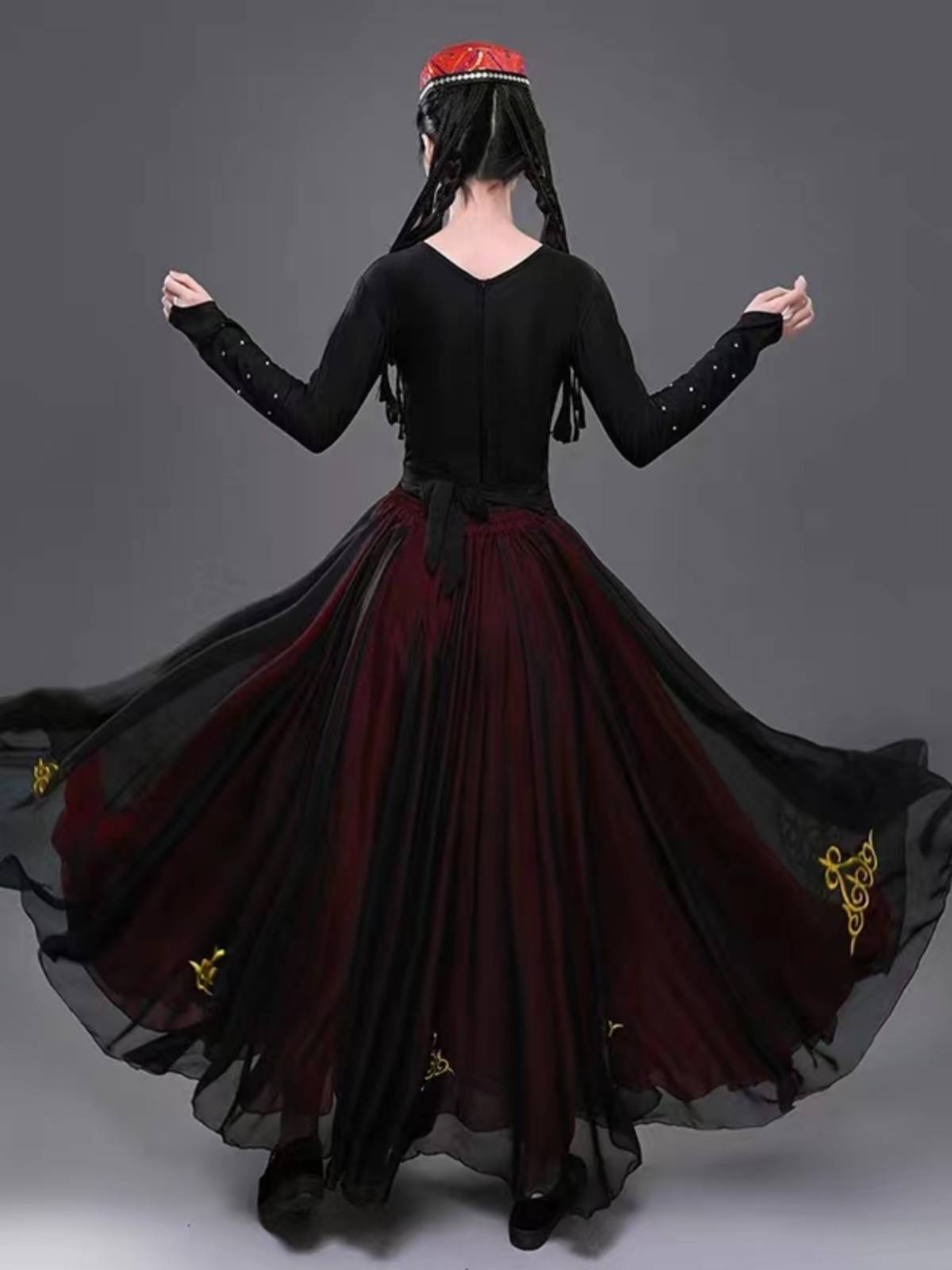 The new Xinjiang dance clothing large skirt national costume women's art test half -body long practice skirt Uighurs performance service