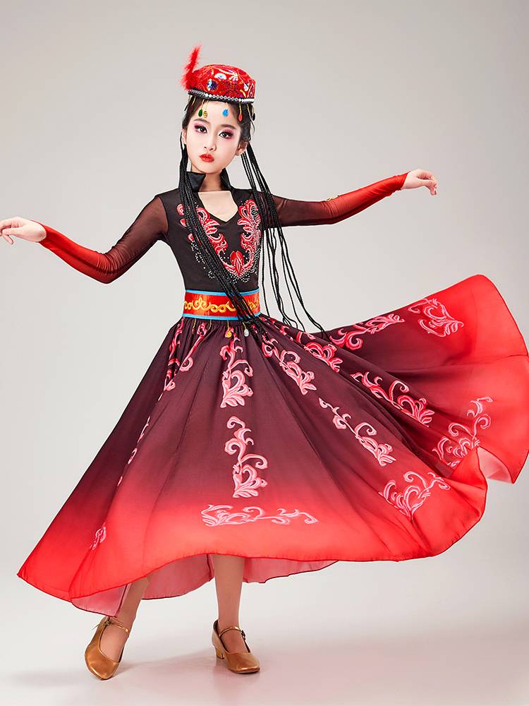 Children's Xinjiang Dance Performance Clothing Uyghur Ethnic Ethnic Stage Big Skirt Girls Dance Performance Clothing