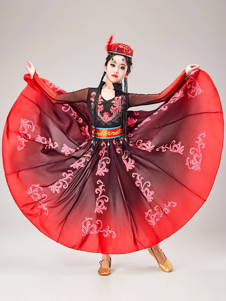 Children's Xinjiang Dance Performance Clothing Uyghur Ethnic Ethnic Stage Big Skirt Girls Dance Performance Clothing