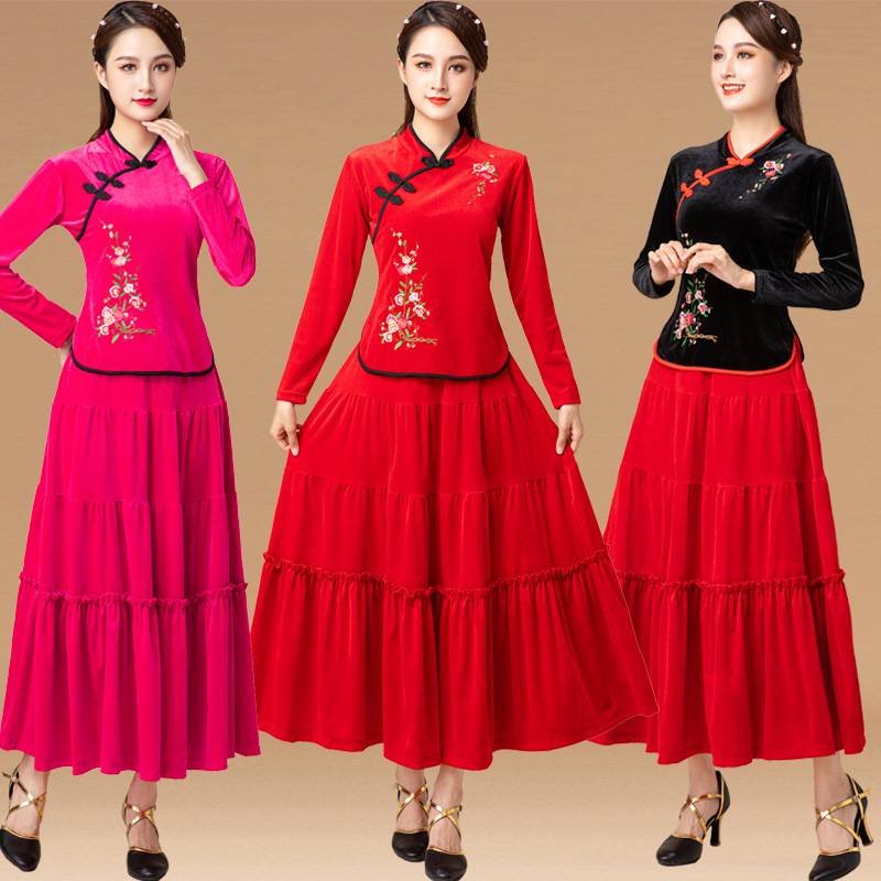 Plaza dance clothing new set 2023 autumn and winter gold velvet long skirt dance performance service national dance dance clothes