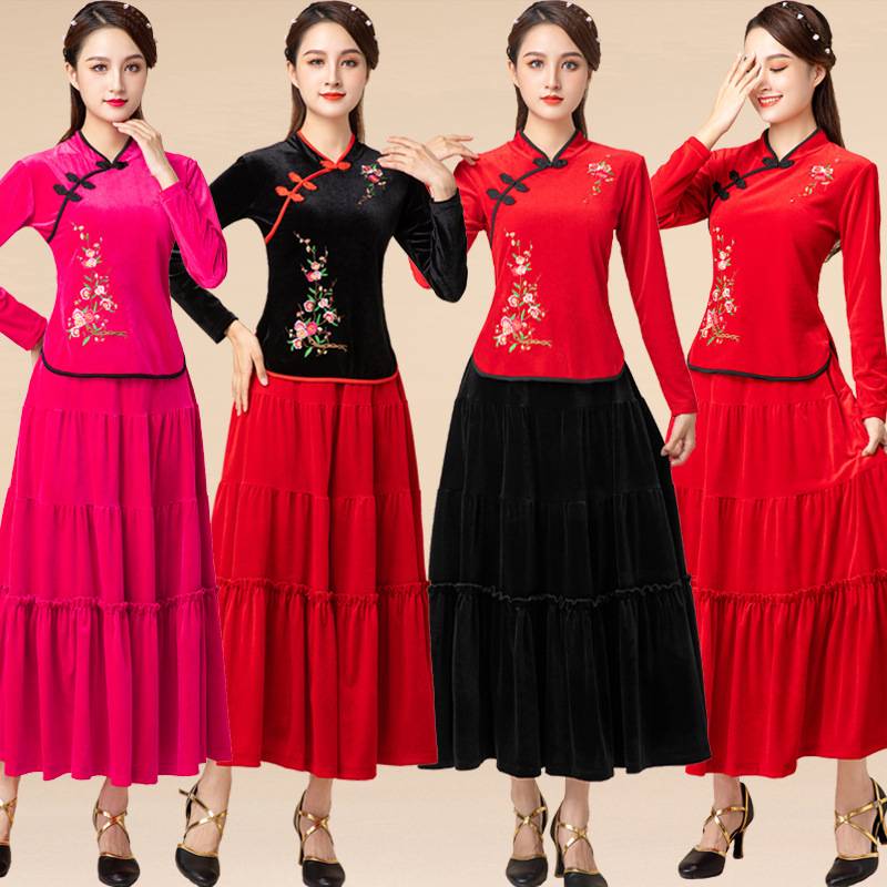 Plaza dance clothing new set 2023 autumn and winter gold velvet long skirt dance performance service national dance dance clothes