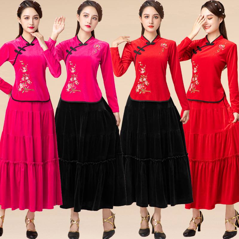 Plaza dance clothing new set 2023 autumn and winter gold velvet long skirt dance performance service national dance dance clothes