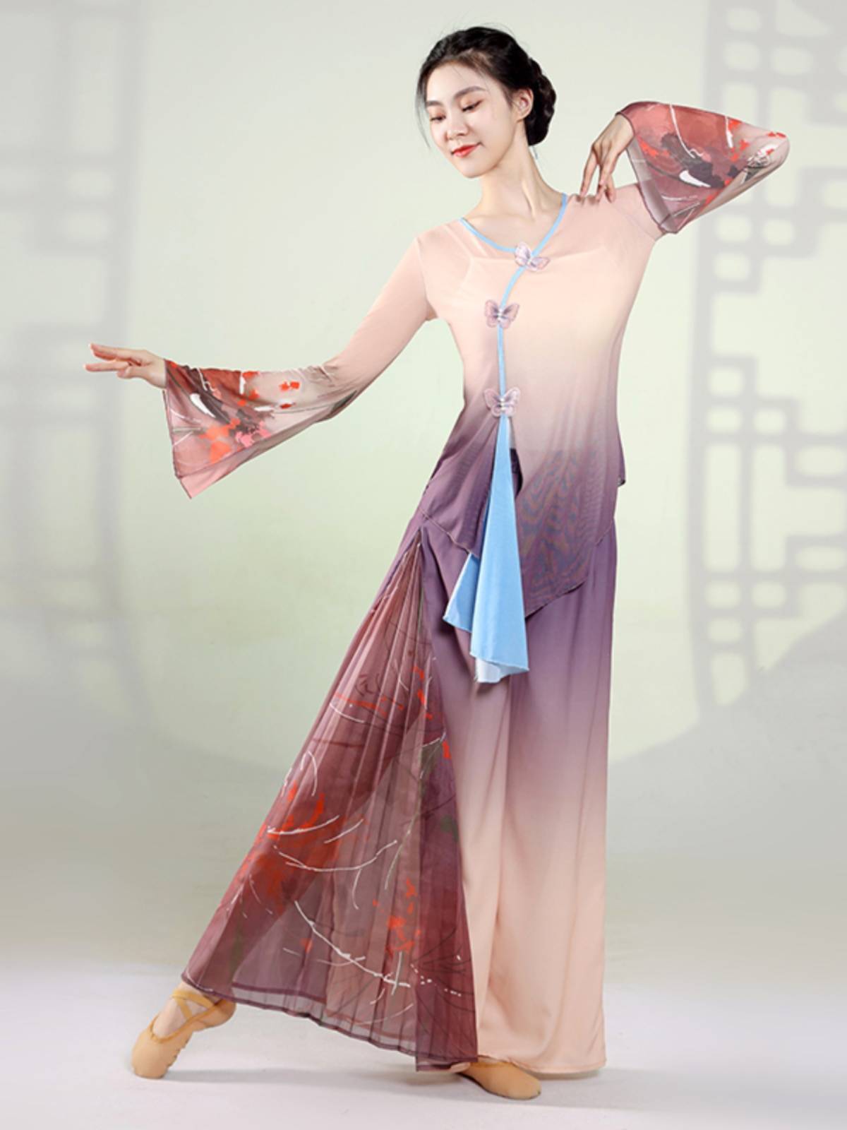 Classical dance clothing female elegant practice service elasticity gradient and elastic net gauze top Chinese dance nation performance service